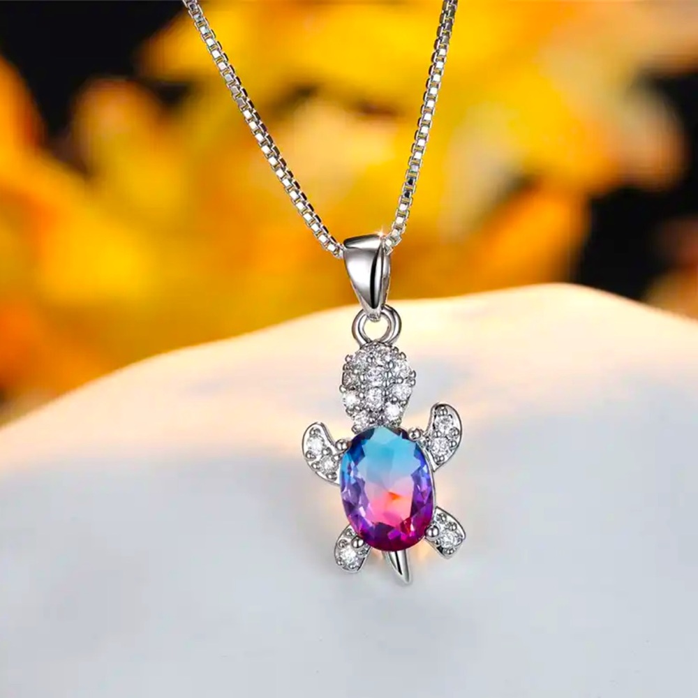 “Just Keep Swimming” Blue Purple Turtle Diamond Sterling Silver Gift Necklace - Picture 12 of 12